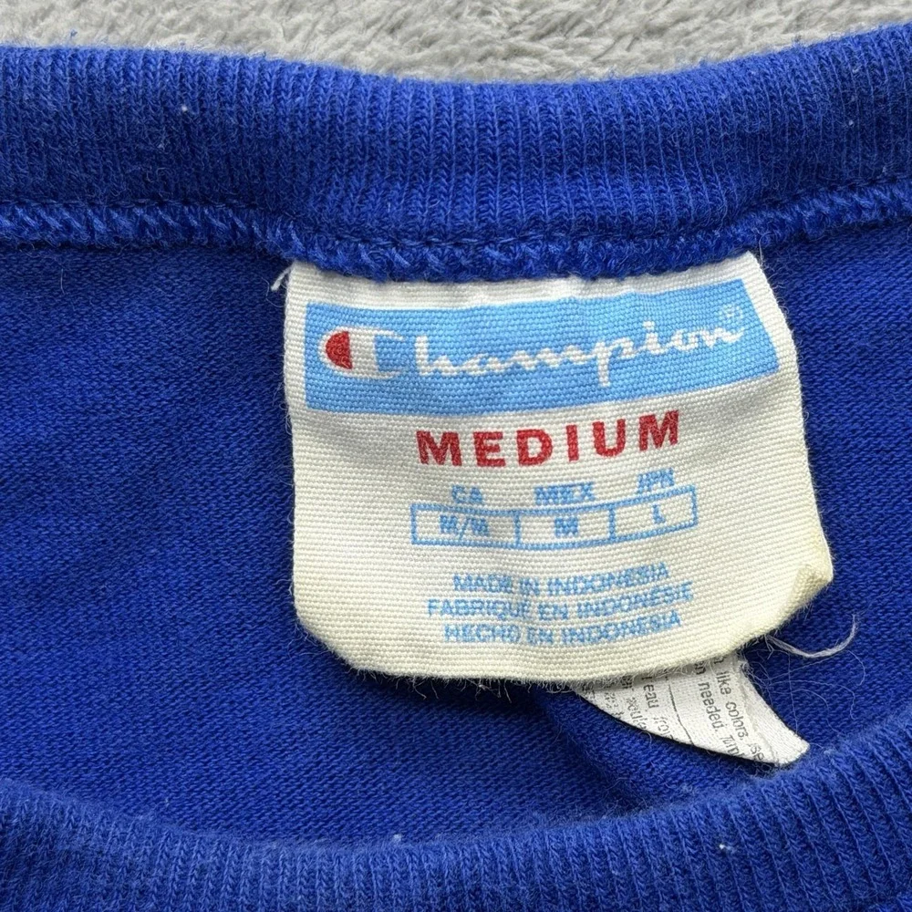 Champion Shirt Mens Medium Blue Script Logo‎ Graphic Tee T-Shirt Casual Crewneck